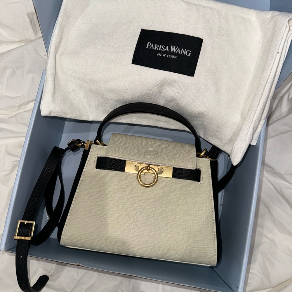 Cream and Black Structured Satchel with Gold Clasp